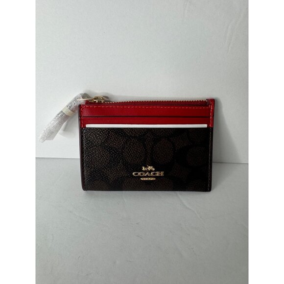 Coach Mini Skinny Id Case Signature Canvas Gold Walnut Bold Red - Picture 4 of 6